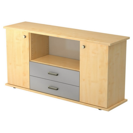Sideboard KAPA SB in esdoorn-look met twee deuren, een open vak en twee grijze laden van hjh OFFICE PRO