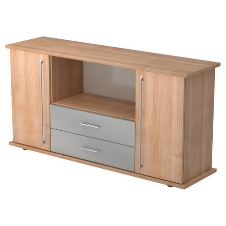 Sideboard KAPA SB in houtoptiek met twee deuren, twee grijze laden en railgrepen van hjh OFFICE PRO