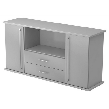 Grijs dressoir KAPA SB met deuren, twee laden en zilverkleurige handgrepen van hjh OFFICE PRO