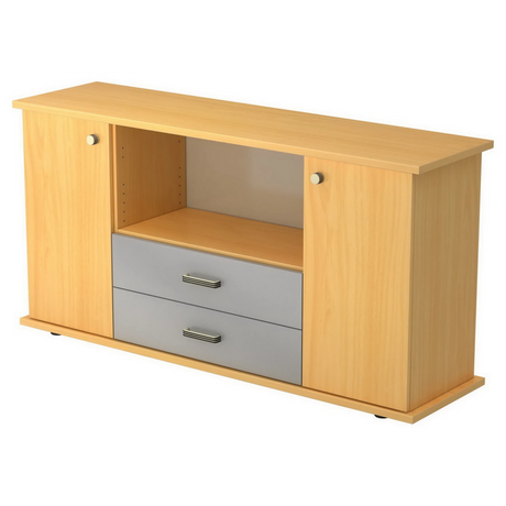 Dressoir KAPA SB in beukenlook met twee deuren, een open vak en twee grijze laden van hjh OFFICE PRO
