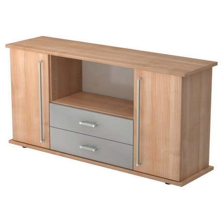 Dressoir KAPA SB in walnootlook met twee deuren, twee grijze laden en chromen grepen van hjh OFFICE PRO