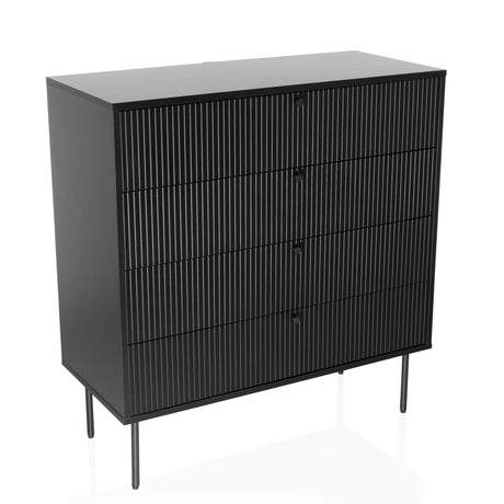 Zwarte Commode KARBY K met vier geribbelde laden en slanke metalen poten van hjh LIVING