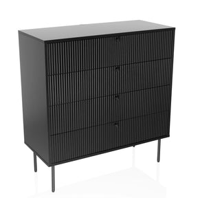 Zwarte Commode KARBY K met vier geribbelde laden en slanke metalen poten van hjh LIVING
