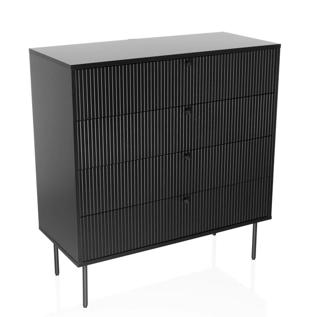 Zwarte Commode KARBY K met vier geribbelde laden en slanke metalen poten van hjh LIVING