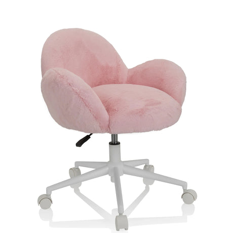 Roze Kinder bureaustoel KID TEDDY met pluche bekleding en wit kruisvoet met wieltjes van hjh OFFICE