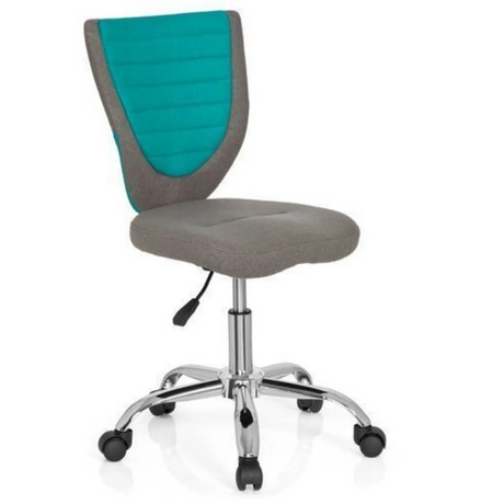 Grijze Kinder bureaustoel KIDDY COMFORT met turquoise accent op de rugleuning en glanzend onderstel van hjh OFFICE