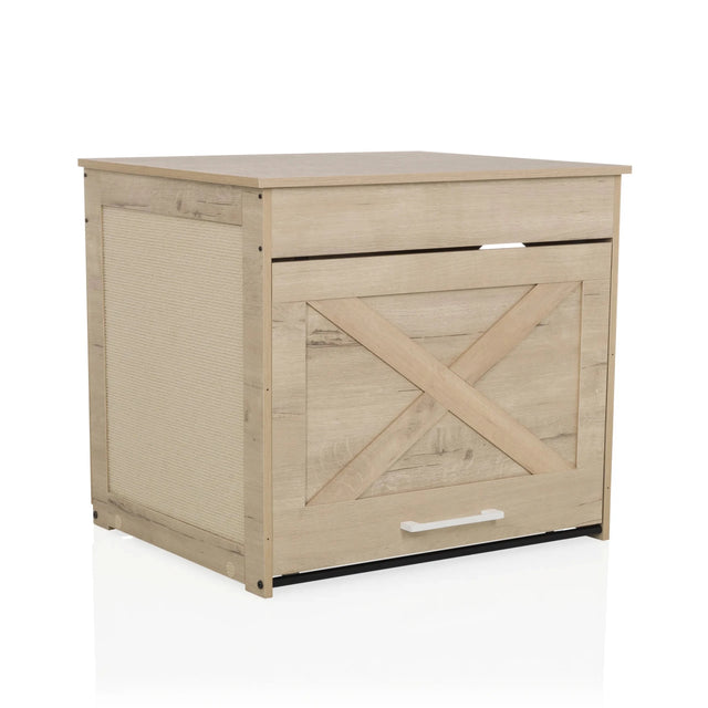 Kattenhuis KITTY PAWBOX 1 in eikenlook met X-verstijving aan de voorzijde en witte handgreep van hjh LIVING