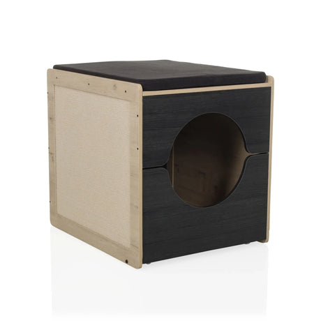 Kattenhuis KITTY PAWBOX 2 in zwart en eiken met ronde opening en kussen van hjh LIVING