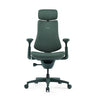 High end bureaustoel LiberNovo Omni met groene stoffen bekleding, hoofdsteun en armleuningen van Libernovo