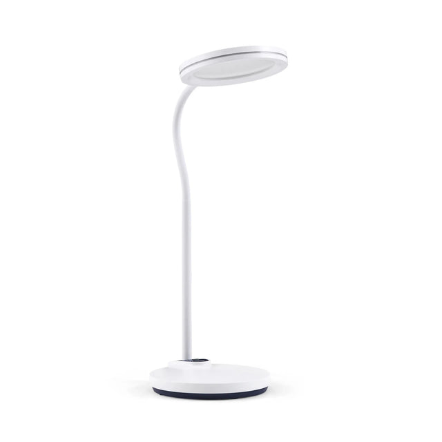 Witte bureaulamp Lumanova D5 met ronde lampenkap en gebogen voet van hjh OFFICE