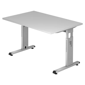 Hoogteverstelbaar bureau MEGA 12 S in grijs en zilver met een rechthoekig tafelblad van hjh OFFICE PRO