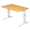 Hoogteverstelbaar bureau MEGA 12 W in beuken en wit met T-poten frame van hjh OFFICE PRO
