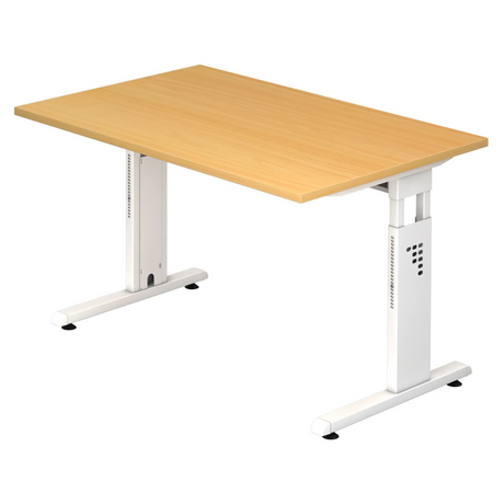 Hoogteverstelbaar bureau MEGA 12 W in beuken en wit met T-poten frame van hjh OFFICE PRO