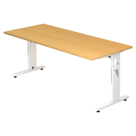 Hoogteverstelbaar bureau MEGA 19 W met beukenkleurig tafelblad en wit onderstel van hjh OFFICE PRO