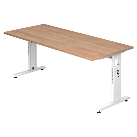 Hoogteverstelbaar bureau MEGA 19 W met walnoot houten blad en wit onderstel van hjh OFFICE PRO
