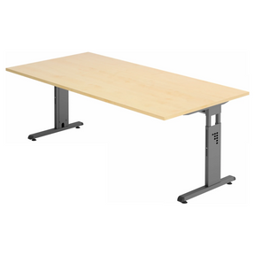 Hoogteverstelbaar bureau MEGA 2E G met esdoornhouten blad en grafietgrijs frame van hjh OFFICE PRO