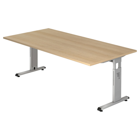 Hoogteverstelbaar bureau MEGA 2E S met eikenhouten blad en zilveren frame van hjh OFFICE PRO