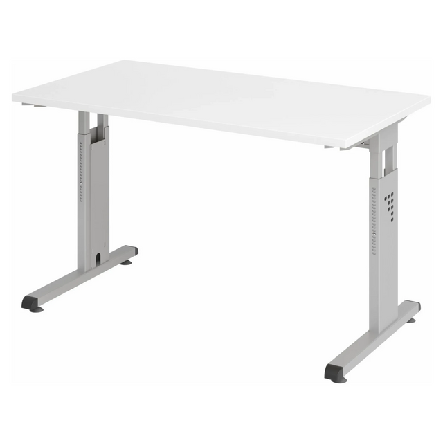 Hoogteverstelbaar bureau MEGA 612 S in wit en zilver met rechthoekig blad van hjh OFFICE PRO