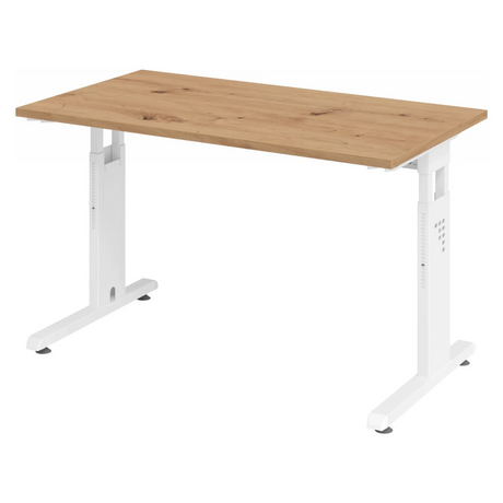 Hoogteverstelbaar bureau MEGA 612 W in knoestig eiken en wit met T-onderstel van hjh OFFICE PRO