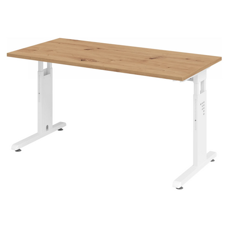 Hoogteverstelbaar bureau MEGA 614 W in knoestige eik met wit onderstel van hjh OFFICE PRO