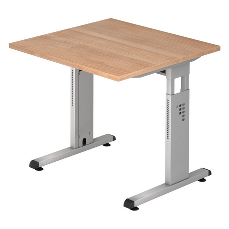 Hoogteverstelbaar bureau MEGA 8 S met walnootkleurig blad en zilveren frame van hjh OFFICE PRO