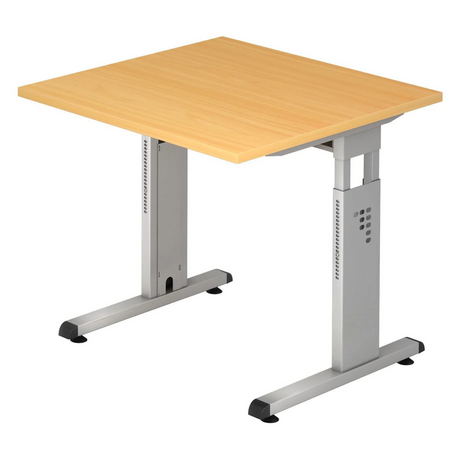 Hoogteverstelbaar bureau MEGA 8 S in beuken en zilver met een vierkant tafelblad van hjh OFFICE PRO