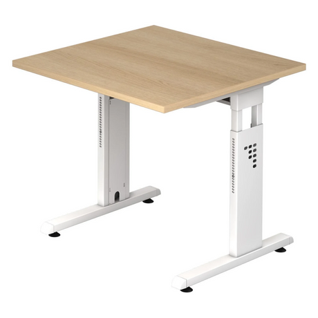 Hoogteverstelbaar bureau MEGA 8 W met licht eikenhouten blad en wit onderstel van hjh OFFICE PRO
