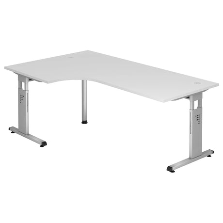 L-vormig bureau MEGA 82 S in wit en zilver met in hoogte verstelbaar frame van hjh OFFICE PRO