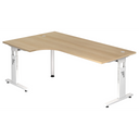 L-vormig bureau MEGA 82 W met eikenkleurige plaat en wit onderstel van hjh OFFICE PRO
