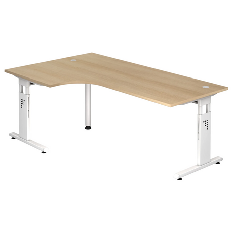 L-vormig bureau MEGA 82 W met eikenkleurige plaat en wit onderstel van hjh OFFICE PRO