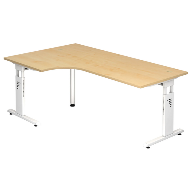 L-vormig bureau MEGA 82 W in esdoorn en wit met in hoogte verstelbaar onderstel van hjh OFFICE PRO