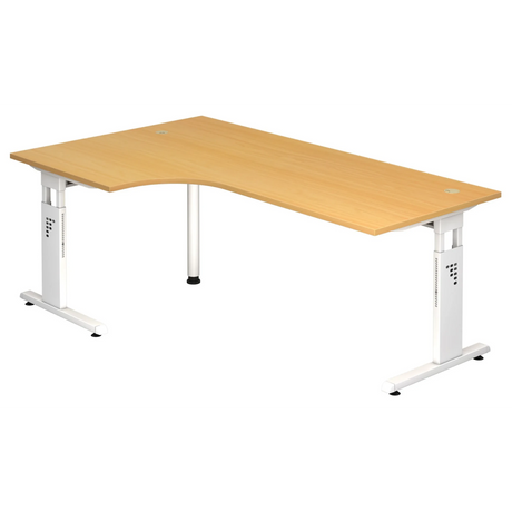 L-vormig bureau MEGA 82 W in beuken en wit met hoogteverstelbaar onderstel van hjh OFFICE PRO