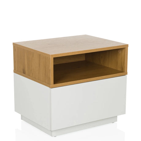 Bijzettafel MELMO in wit en eiken met een open opbergvak van hjh LIVING