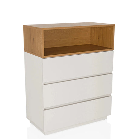 Commode MELMO K in wit en eiken met drie laden en een open vak van hjh LIVING