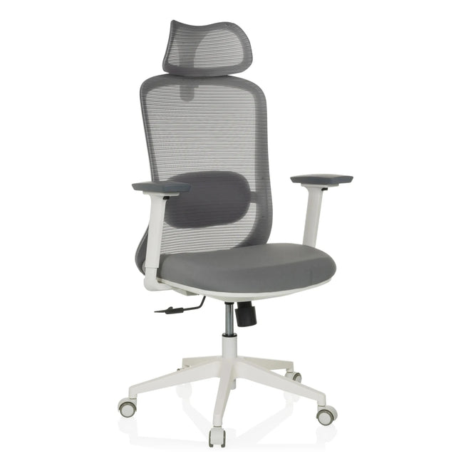 Professionele bureaustoel MIKEO G in grijs met netrugleuning en wit onderstel van hjh OFFICE