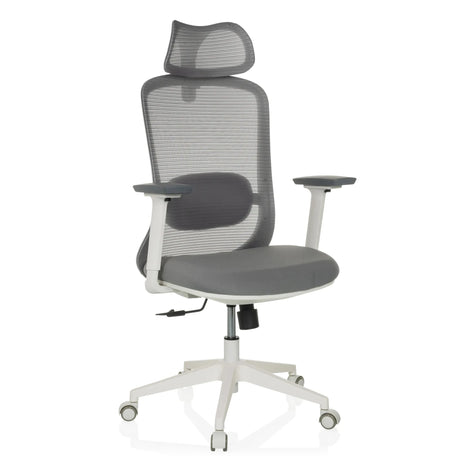 Professionele bureaustoel MIKEO G in grijs met netrugleuning en wit onderstel van hjh OFFICE