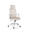 Thuisgebruik bureaustoel MIKEO W met beige stofbekleding, hoofdsteun en witte armleuningen van hjh OFFICE