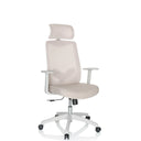 Thuisgebruik bureaustoel MIKEO W met beige stofbekleding, hoofdsteun en witte armleuningen van hjh OFFICE