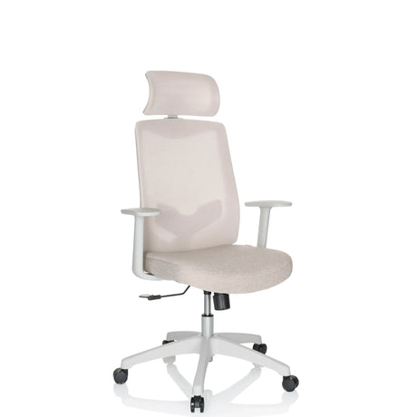 Thuisgebruik bureaustoel MIKEO W met beige stofbekleding, hoofdsteun en witte armleuningen van hjh OFFICE