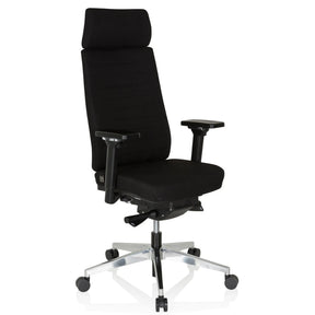 Professionele bureaustoel MOVE-TEC PRO 3D met zwarte stoffen bekleding, hoofdsteun en zilverkleurig onderstel van hjh OFFICE