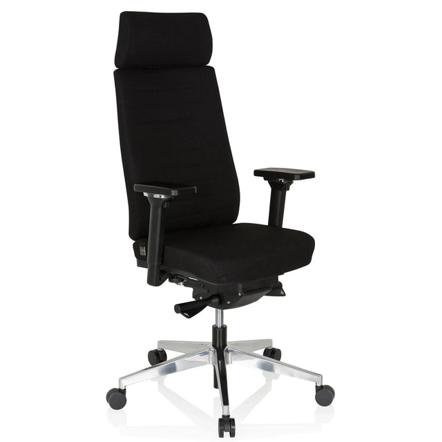 Professionele bureaustoel MOVE-TEC PRO 3D met zwarte stoffen bekleding, hoofdsteun en zilverkleurig onderstel van hjh OFFICE