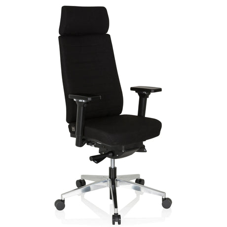 Professionele bureaustoel MOVE-TEC PRO 3D met zwarte stoffen bekleding, hoofdsteun en zilverkleurig onderstel van hjh OFFICE