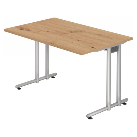 Schrijfbureau NANO 12 S met lichtbruin eikenhouten blad met noesten en zilverkleurig onderstel van hjh OFFICE PRO