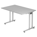 Grijs bureau NANO 12 S met zilverkleurig metalen frame en rechthoekig tafelblad van hjh OFFICE PRO