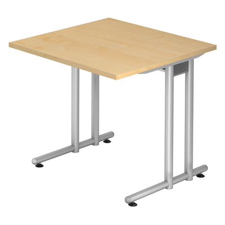 Bureau NANO 8 S met een licht esdoornhouten blad en een zilverkleurig metalen onderstel van hjh OFFICE PRO