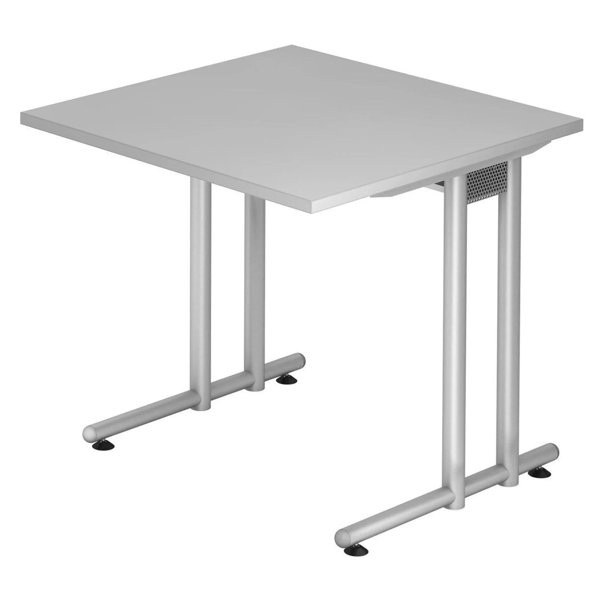 Grijs bureau NANO 8 S met zilverkleurig onderstel en vierkant tafelblad van hjh OFFICE PRO