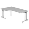 L-vormig bureau NANO 82 S in grijs met zilverkleurig frame en kabeldoorvoeren van hjh OFFICE PRO
