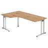 L-vormig bureau NANO 82 S in essen eiken met zilveren frame en twee kabeluitlaten van hjh OFFICE PRO