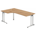 L-vormig bureau NANO 82 S in essen eiken met zilveren frame en twee kabeluitlaten van hjh OFFICE PRO