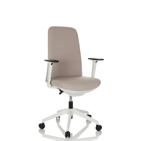 Professionele bureaustoel NESTORA met beige stoffen bekleding, witte armleuningen en wit onderstel van hjh OFFICE